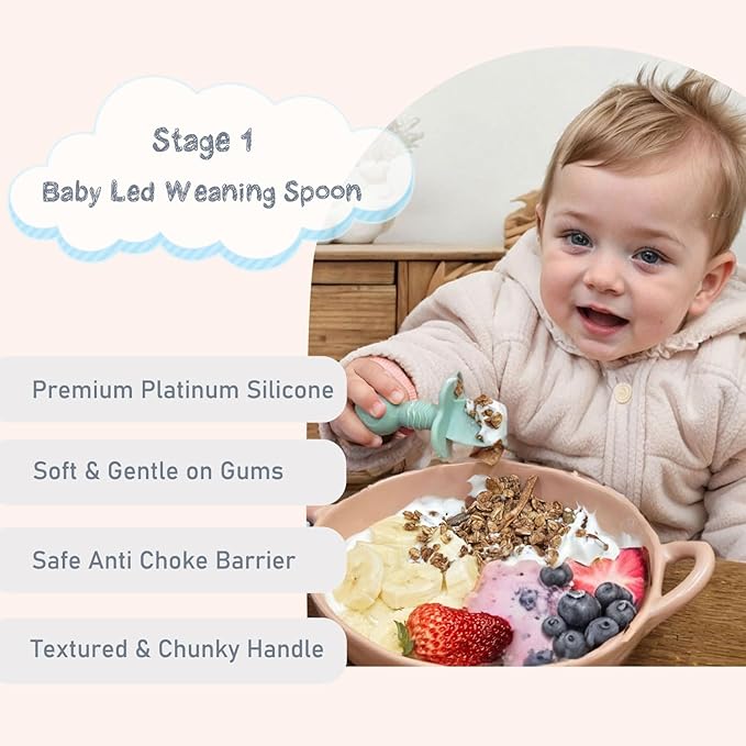 Ginbear Platinum Silicone Baby Spoons Self Feeding 6 Months First Stage, Non Toxic Infants Led Weaning Utensils for Training, Soft BLW Supplies Pack of 4 (Dark Sage/Ivory)