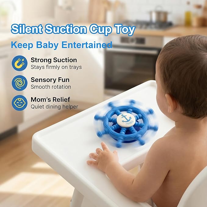 Baby Suction Spinner Toys for Bathtub, Silicone Toddler Bath & High Chair Toys for 1 Year Old Boy/Girl Birthday Gift, Interactive Ship Steering Wheel InfantToy for Car Window Travel-Blue
