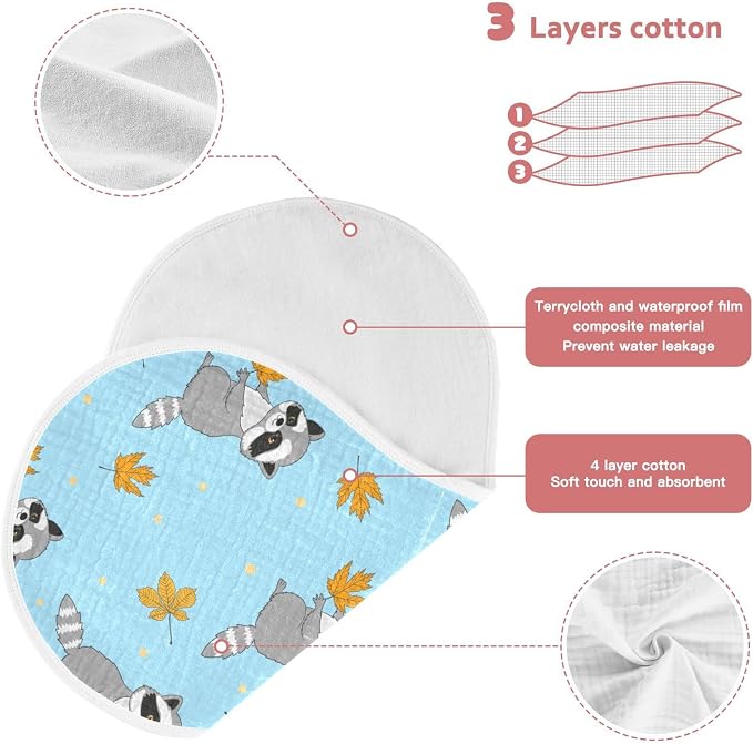 Raccoons Autumn Leaves Pattern Muslin Burp Cloths for Baby 4 Pack 100% Cotton Baby Washcloths Bibs for Boy Girl
