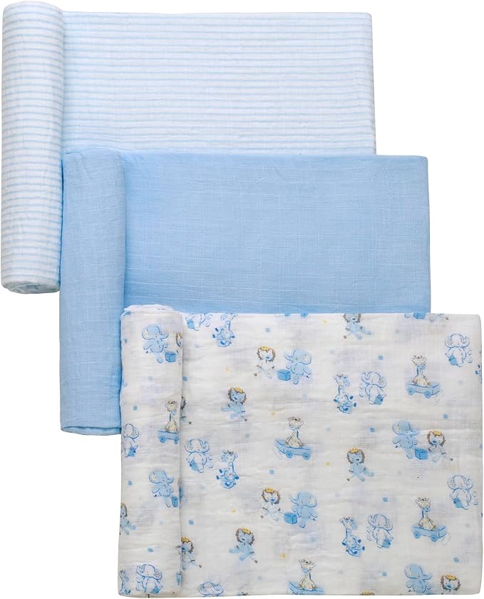 3 Pack Cotton Muslin Swaddle Blankets for Baby, 40" x 36", Lightweight, Breathable, Blue, (Nursery Animals, Giraffe, Lion, Elephant)