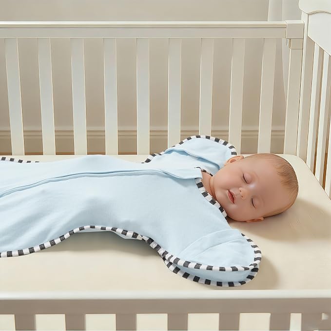 Soft Cotton Swaddle Blanket, Arms Up Baby Sleep Sack, Wearable Sleep Bag for Boys Girls (Light Blue + Light Grey, L(6-9 Months))