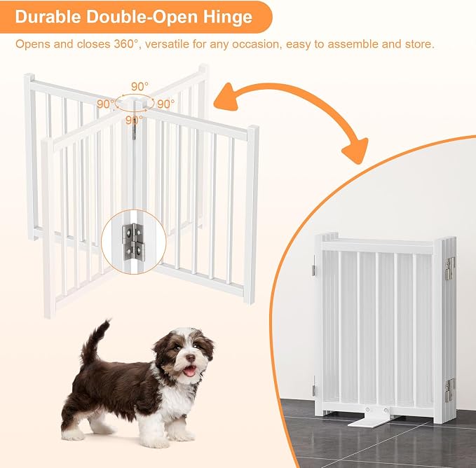 Snughome Short Dog Gate Indoor, 16" High Freestanding Small Dog Door Gates with Support Feet, Expands Up to 48’’ Wide Foldable Pet Gate for Doorway, 4 Panel Folding Pet Door Pet Fence for Puppy, White