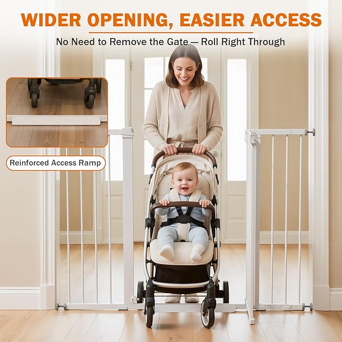 Mumeasy 36" Extra Tall Baby Gate for Stairs, 29.7-51" Wide Dog Gates Indoor for Doorways with Easy Walk Thru, Auto Close Pet Safety Gate for House, Pressure Mounted Metal Child Gate with Door, White
