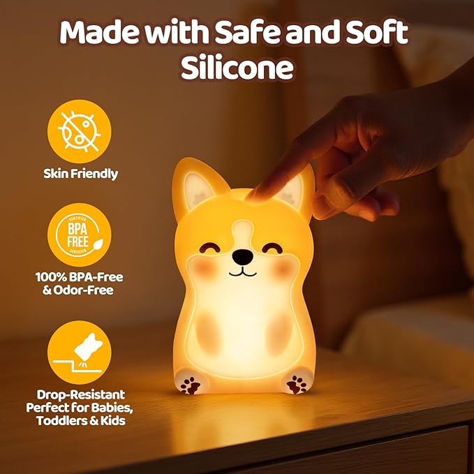 Mewaii BPA-Free Siliconeä¸?Huggwaii Corgi Dog Night Light for Kids, 3 Brightness Levels Nursery Dog Lamp, 30 Min Timer&Rechargeable Cute Puppy Kids Night Light for Bedroom Decor,Corgi Gifts for Boys