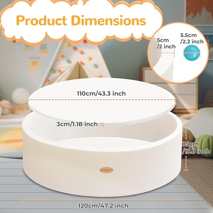 HARBOLLE Baby Ball Pit 47.2" Soft Round Memory Foam Ball Pits NOT Included Balls Indoor Outdoor Playpen for Babies Toddlers Kids Great Gift for Girls Boys, White