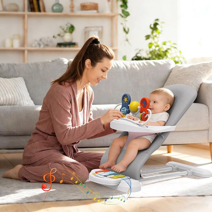 Baby Bouncer Seat, 3-Speed Adjustable Height Baby Bouncer Seat, 4-in-1 Bouncer Seat for Babies 0-6 Months, Detachable Piano Pedals, Feeding Tray