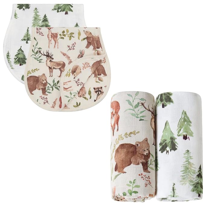 LifeTree Muslin Swaddle Blankets Neutral and Baby Burp Cloths for Newborn Girls Boys, 70% Viscose from Bamboo and 30% Cotton, Woodland Animals & Pine Tree
