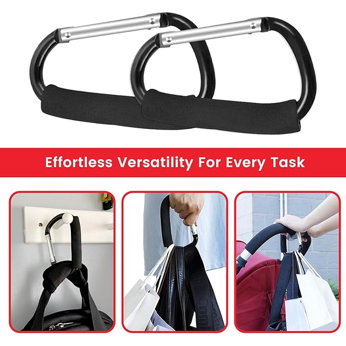 Stroller Hooks for Hanging Diaper Bags - Mommy Stroller Clip and Stroller Accessories Organizer Hook - 2 Pcs Large Carabiner Clips for Mom Purse Shopping Grocery Bag and Accessory