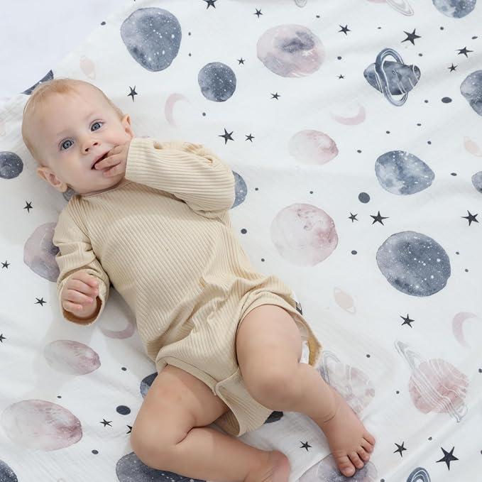 insular Muslin Swaddle Blankets for Boys Girls, 2 Pack Receiving Baby Blanket Large 47 x 47 inches, Soft Breathable Swaddling Wrap for Unisex Newborn, Space&Blue