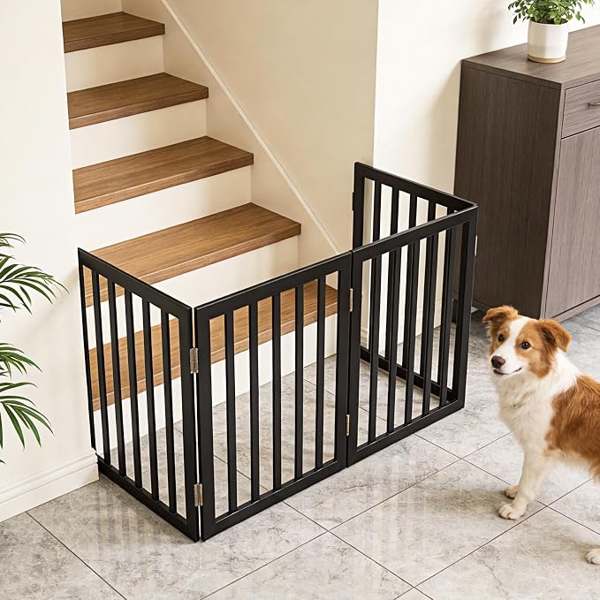 Dog Gate Indoor, Freestanding Dog Fence for The House, Doorways, Hallways,or Stairs,Pet Gate Foldable Wooden,Expandable 32" Height 6 Panels,Black