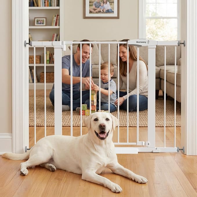 Mumeasy 29-43" Wide Baby Gate for Stairs and Doorways, 30" Tall Pressure Mounted Dog Gate No Drilling, Auto Close Walk Thru Child Safety Gate, Sturdy Metal Pet Gate with Dual Lock, White