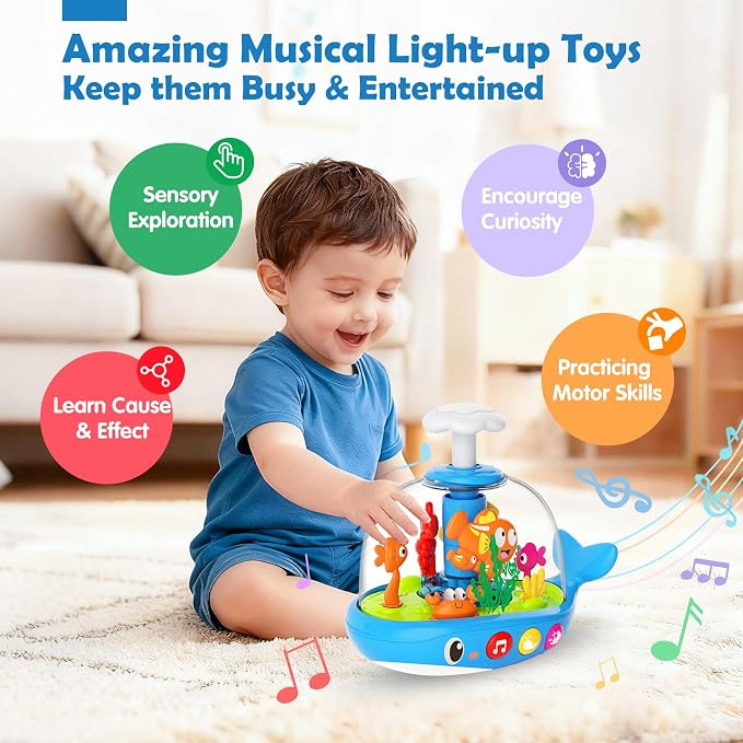 Baby Toys for 1 Year Old Boy Girl Gifts - Baby Toys 6-12-18 Months Press & Spin Aquarium Musical Light Up Infant Toy - Bilingual Learning Tummy Time Cause and Effect Toy for 7 8 9 10 11 Months