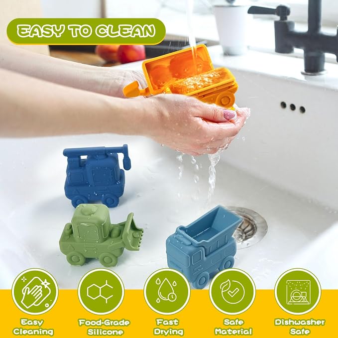 Mold Free Bath Toys for Toddlers, 4 Pack Food Grade Silicone Bath Toys, Easy Clean Truck & Construction Car Bath Toy | Squeezable & Floating Bathtub Toys | Beach Water Pool Toys for Boy Girl Gifts