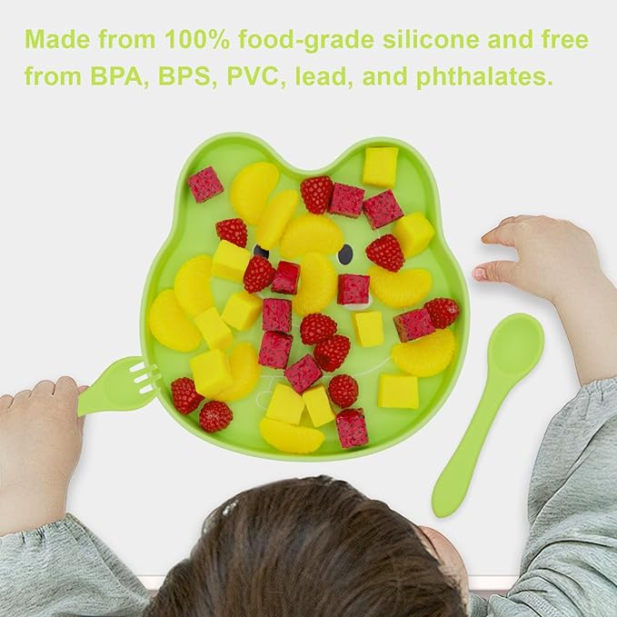 BabyX Baby Silicone Feeder Set, 3-pcs Home Critter-themed Baby Plate with Suction, Spoon and Fork for Babies Toddler Kids, BPA-Free, Baby Utensils Feeding Supplies, Microwave and Dishwasher Safe