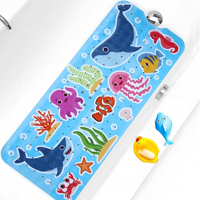 Baby Bath Mat for Tub Non Slip Kids Bathtub Mat Extra Long 40X16 Inch Toddler Bath Tub Shower Mat Anti Slip with Suction Cups & Drain Holes, Machine Washable (Whale Shark)