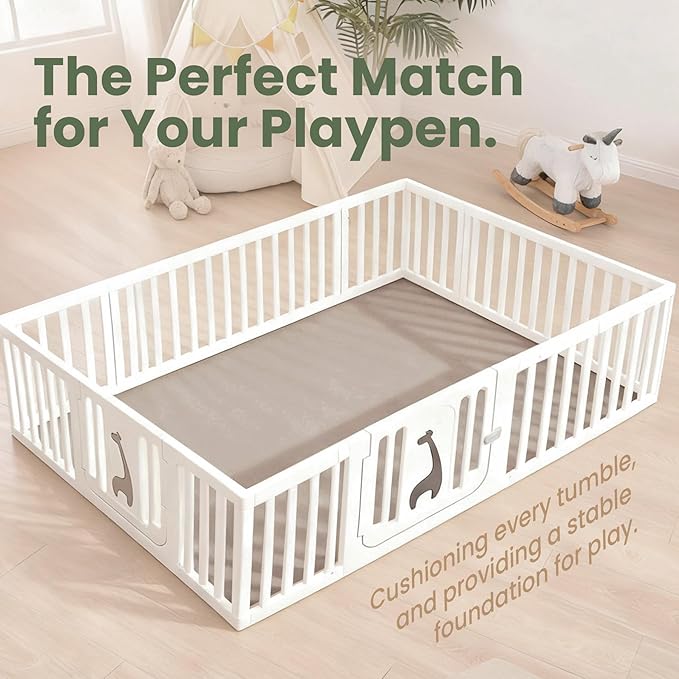 Huloo Sleep Baby Play Mat for Floor,1.3" Thick Elasti-Foam 50"×74" Playpen Mat for Tummy Time,Water Repellent Soft Coral Velvet for Toddler,Infant,Kids,Non-Slip Backing Safe for Crawling(Beige)