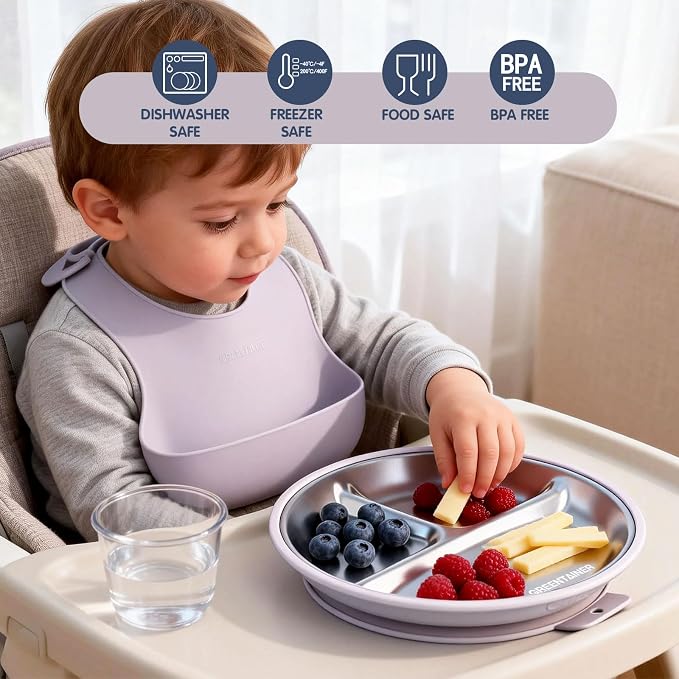 Greentainer 3 Pack Stainless Steel Baby Suction Plates, Divided Toddler Plates with Removable Silicone Sleeves, Unbreakable Kids Dishes for Dinner & Snack, Non-Toxic, Dishwasher Safe