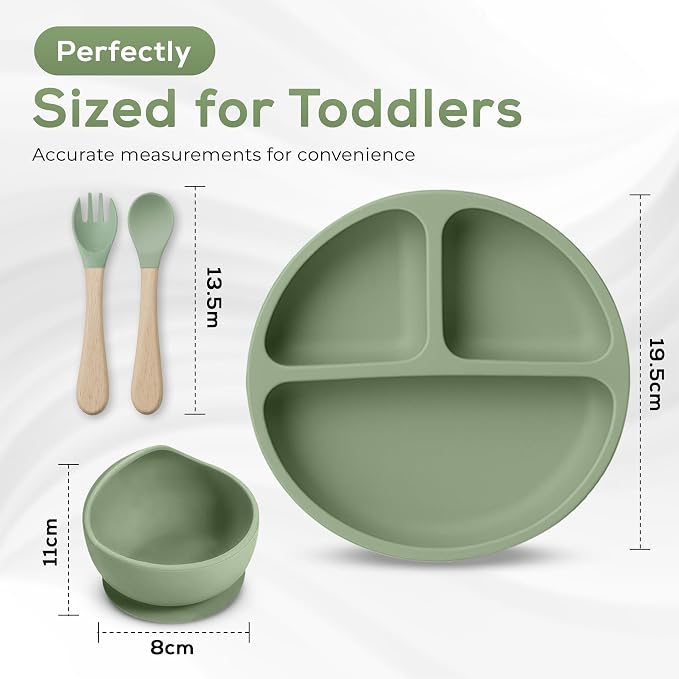 NurtureNest Silicone Toddler Feeding Set – Suction Plate & Bowl, Toddler Spoon & Fork, BPA-Free, Dishwasher Safe, Microwave Safe, Sage Green