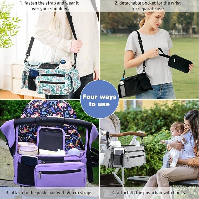 Baby Stroller Organizer, Universal Stroller Organizer with Detachable Phone Bag, Stroller Caddy with 2 Insulated Cup Holders, Buggy Organizer Bag with 2 Hooks Fits Most Strollers (Purple)