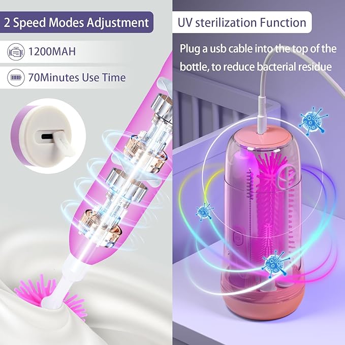 Electric Bottle Brush Cleaner, Portable Baby Bottle Washer, Travel Bottle Cleaner Brush Set with Silicone Bottle & Nipple & Straw Brush(Purple)