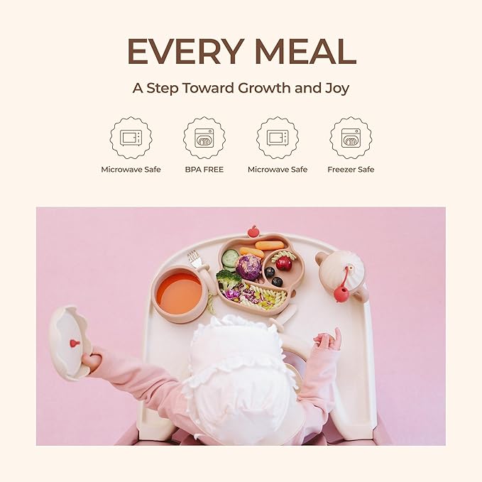 Silicone Baby Feeding Set, Gelato Collection Baby Led Weaning Supplies, First Self-Feeding Ice Cream Set, Silicone Suction Bowl with Cherry Lid & Plate, Straw Cup & Bib, Fork & Spoon