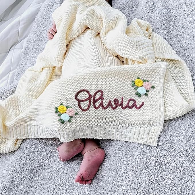 Luxury Personalized Name Baby Blanket, Hand-Embroidered Name Baby Blanket, Soft Breathable Cotton Knit Kids Blankets, Newborn Kid Gift, New Mom Gifts, Newborn Kids Girl & Boy Gift 5