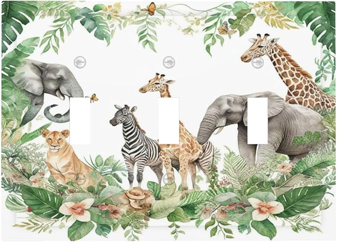 Tropical Leves Safari Animals Giraffe Elephant Zoo Decorative Switch Plates 3 Gang Wall Plate Triple Toggle Light Switch Cover Faceplate Electrical Wall Panels for Kids Room Nursery Decor
