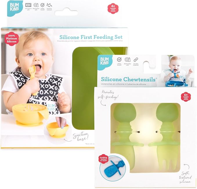 Bumkins - Jelly Silicone Bowl, Lid, Spoon, Training Chewtensils - For Ages 4 Months+ - Suction Base - 100% Food-Safe Silicone - Oven, Microwave, & Dishwasher Safe - Jelly Green