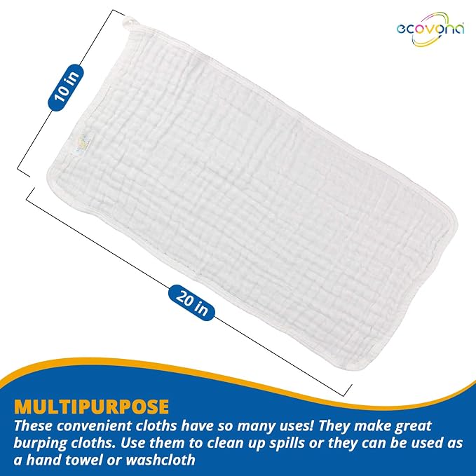 Muslin Burp Cloth for Baby Boys and Girls (6 Pack) | Cotton Newborn Essential Must Have Item | White Unisex Design | Super Soft and Absorbent Burping and Spit Up Cloths | Multi Use Baby Shower Idea