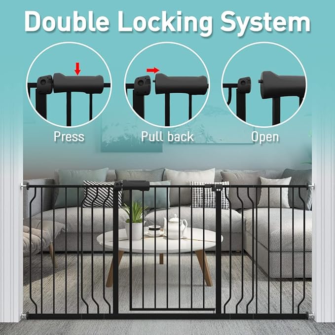 WAOWAO Baby Gate 57.48-62.20" Extra Wide Pressure Mounted Walk Through Swing Auto Close Safety Black Metal Toddler Kids Child Dog Pet Puppy for Stairs,Doorways,Kitchen