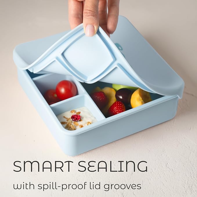 ASOMIC® Large Silicone Bento Box, 5 Compartments, Leakproof Lunch Container, BPA-Free, Microwave & Dishwasher Safe, For Work, School & Travel (Sky-Blue)