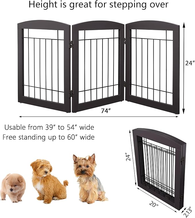 PAWLAND Free Standing Dog Gates for The House Stairs Doorways Indoor Foldable Wooden Small White Puppy Pet Gate Step Over Fence 60" W 24" H 3 Panels Espresso