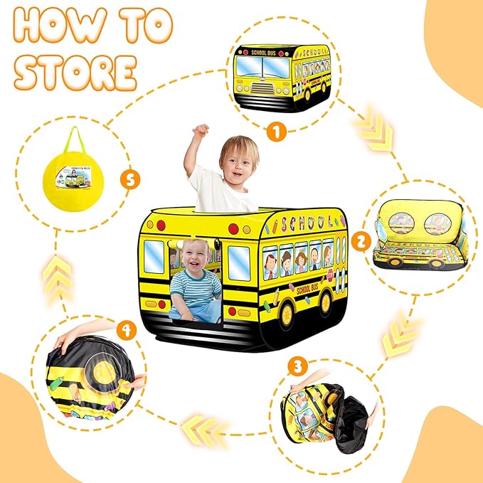 Dolanus School Bus Truck Play Tent Pop up for Kids Age 3, Playhouse Toys for 3 4 5 Kid Years Old Toddlers Boys Girls, Indoor Outdoor School Bus Toy, Birthday Gifts for 3+ Year Old Baby