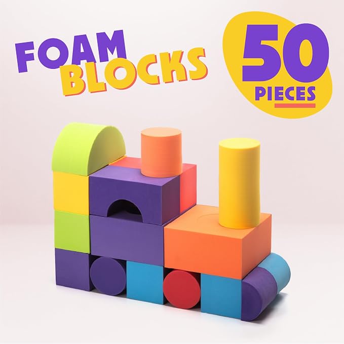 Number 1 in Gadgets Giant Foam Building Blocks, Building Toy for Kids, Ideal Blocks Construction Toys for Toddlers, 50 Pieces Different Shapes and Sizes, Waterproof, Bright Colors, Safe, Non Toxic