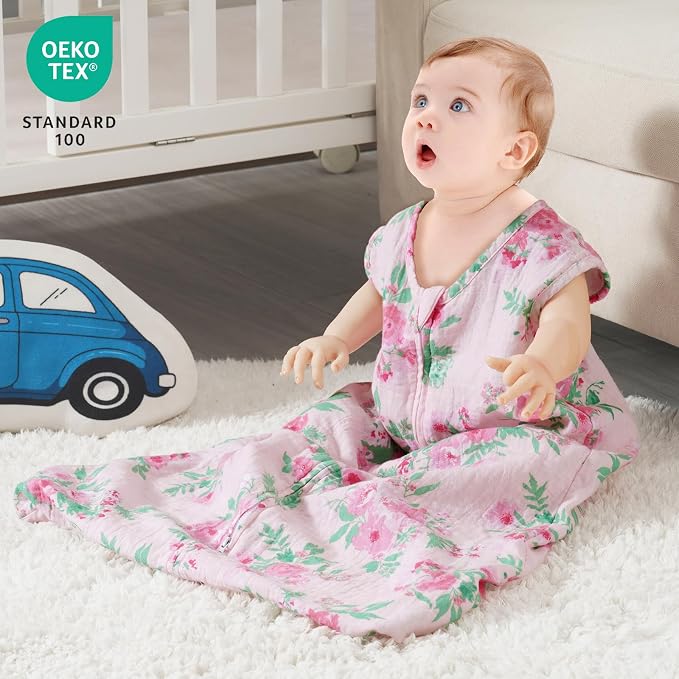 david's kids Muslin Cotton Baby Sleep Sack 0-6 Months, 2 Pack 100% Cotton Sleeping Bag for Summer, TOG 0.5 Baby Wearable Blankets with 2-Way Zipper, Soft Sleep Sacks for Newborn Infant, Floral