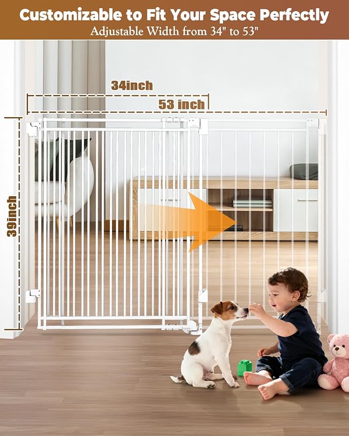 34-53" No Bottom Bar Baby Gates Dog Gate for Stairs, 39" Extra Tall Child Safety Gate with Auto Close Design, Large Walk Thru Door, Extra Wide Hardware Mount Pet Gate for Doorways Deck Indoor Outdoor