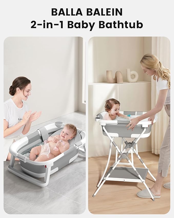 Baby Bathtub with Stand, 2-in-1 Collapsible Bath Tubs for Newborn to Toddler, Infant Bathtub with Folding Stand, Portable Bathtub for Baby Including Soft Cushion, Storage Pad