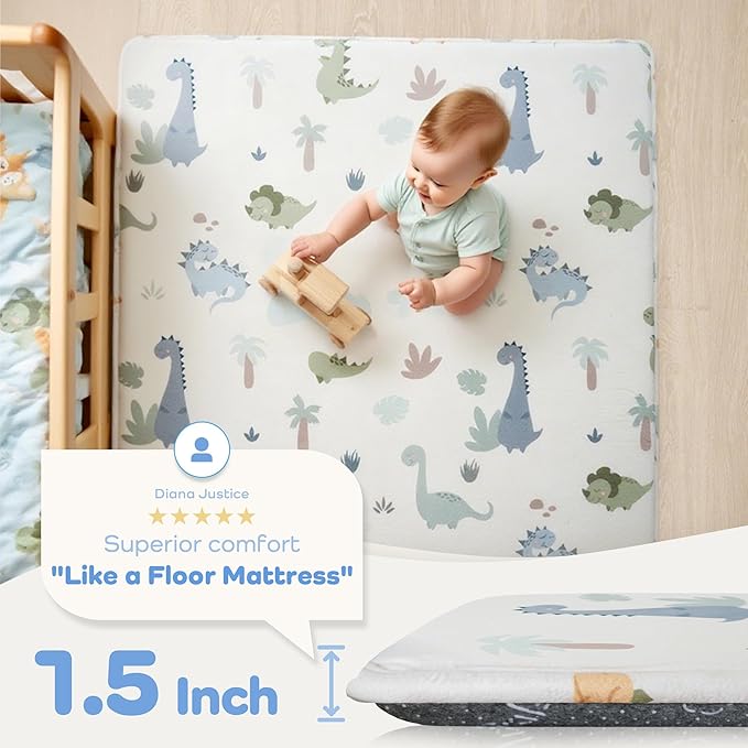 1.5" Thick Premium Baby Play Mat for Floor, 50x50 Padded Memory Foam Play Mat, Tummy Time Crawling Playmat for Nursery Playroom Classroom, Dinosaurs