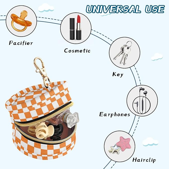 Checkered Plaid Orange Print Pacifier Holder Case with Metal Clip Portable Paci Case for Baby