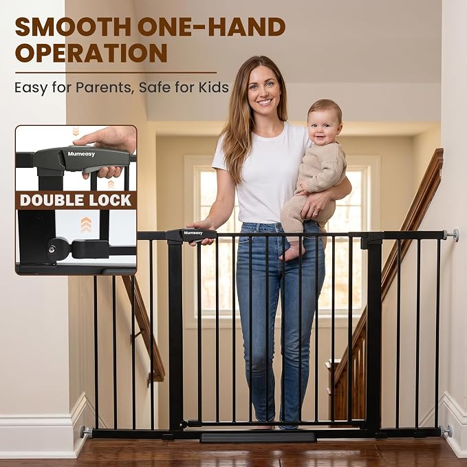 Mumeasy 36-58" Extra Wide Baby Gate for Stairs, 30" Tall Walk Through Dog Gate for Doorways & Hallways, Auto Close Pressure Mounted Safety Gate for Toddlers & Pets, Dual Swing Child Gate Indoor, Black