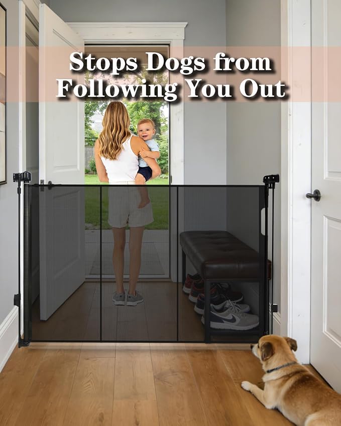 80" Wide Retractable Baby Gate for Stairs, 42" Extra Tall Retractable Dog Pet Gate with Support Rods, Mesh Screen Child Safety Gate for Doorways Hallways Deck Porch, Outdoor Indoor Use