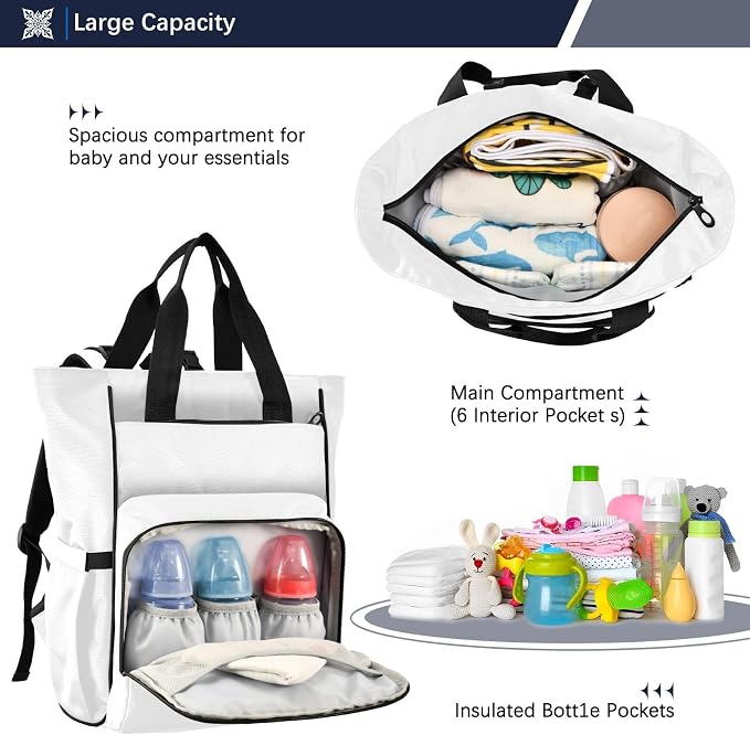 Diy Pure Milk White Diaper Bag Backpack Waterproof Large Capacity Multifunctional Diaper Bags with Insulated Pockets and Stroller Straps Travel Backpack for Baby Girl/Boy