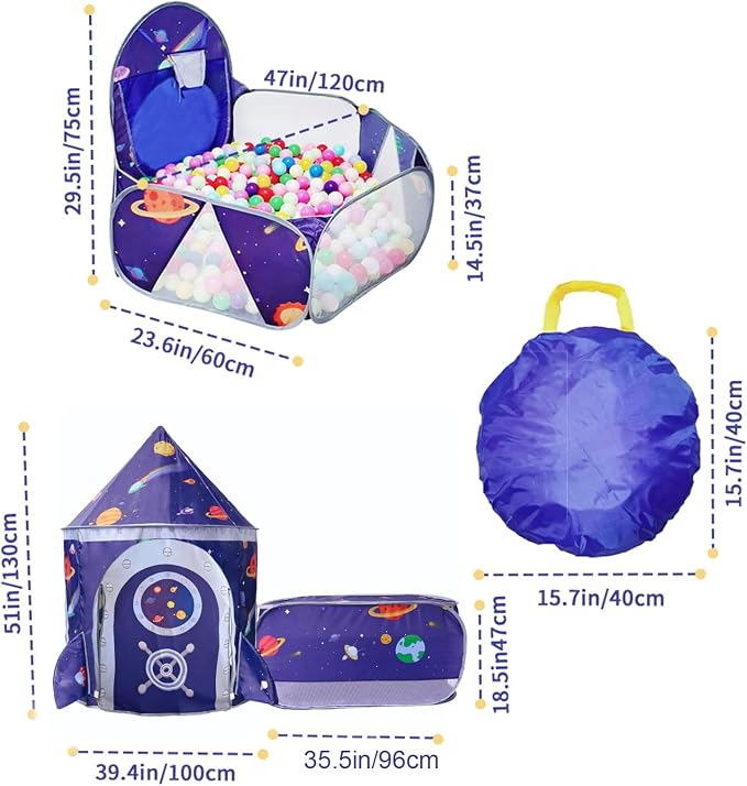 Gift 3pc Rocket Ship Kids Play Tent, Ball Pit, Crawl Tunnel, Toddlers Playhouse Castle Toys, Baby Boys Girls Gift for 3 4 5 6 7 Year Old, Outdoor Indoor(Balls Not Included)