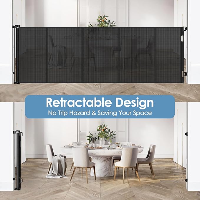 Reinforced 120 Inch Extra Wide Retractable Baby Gates with Support Rods, Upgrade Retractable Dog Gate to Prevent Bottom Crawling Through, 10 Ft Extra Long Mesh Gate Pet Gate for Large Openings, Black