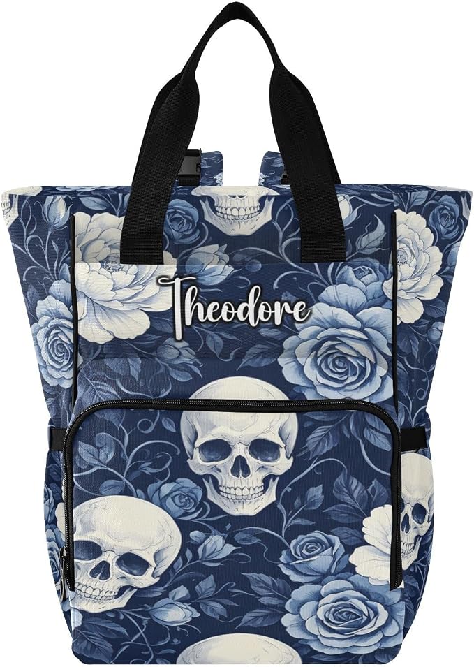 Custom Name Bule Gothic Red Rose Diaper Bag Insul Bottles Unisex Mom Dad
