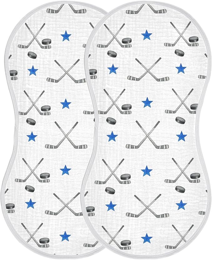 2 Pack Muslin Burp Cloths Ice Hockey White Print Cotton Baby Burp Cloths Ultra Absorbent Burping Cloth Soft Spit Up Rags for Newborn Must Haves, Large 22" x 11"