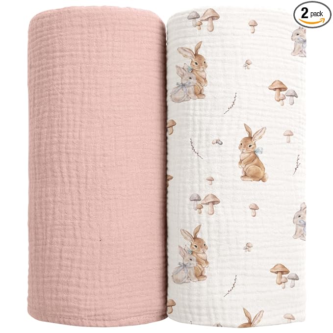 lulumoon Muslin Swaddle Blankets for Baby: Cotton & Soft Receiving Blanket for Newborn with Branche Printed- Neutral Gift for Baby Shower 2pack(Bunny)