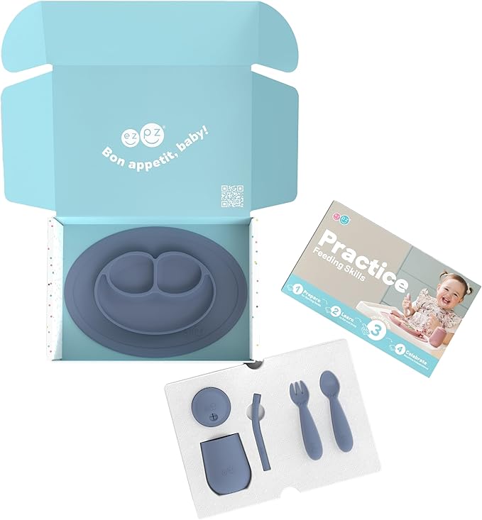 ezpz Kit 3: Practice Feeding Skills (Indigo) - Tools to Help Your Toddler Practice Scooping, Piercing, Straw Drinking, and Self-Feeding - Toddler Essentials & Gifts