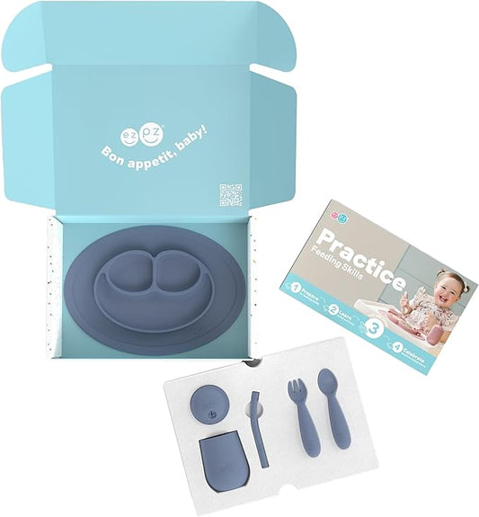 ezpz Kit 3: Practice Feeding Skills (Indigo) - Tools to Help Your Toddler Practice Scooping, Piercing, Straw Drinking, and Self-Feeding - Toddler Essentials & Gifts