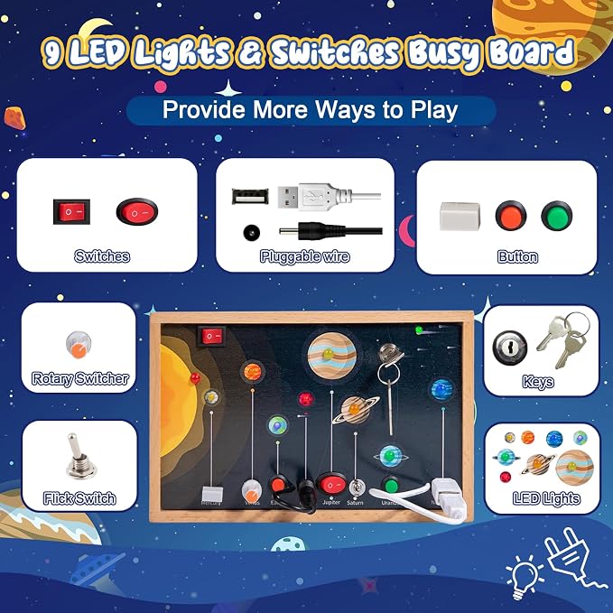 Adena Montessori Solar System Busy Board for Toddlers - Wooden Sensory Activity Toys with LED Light Switch, Travel Toys for 1-6 Year Old Boys & Girls Gifts, Educational Board for Fine Motor Skills